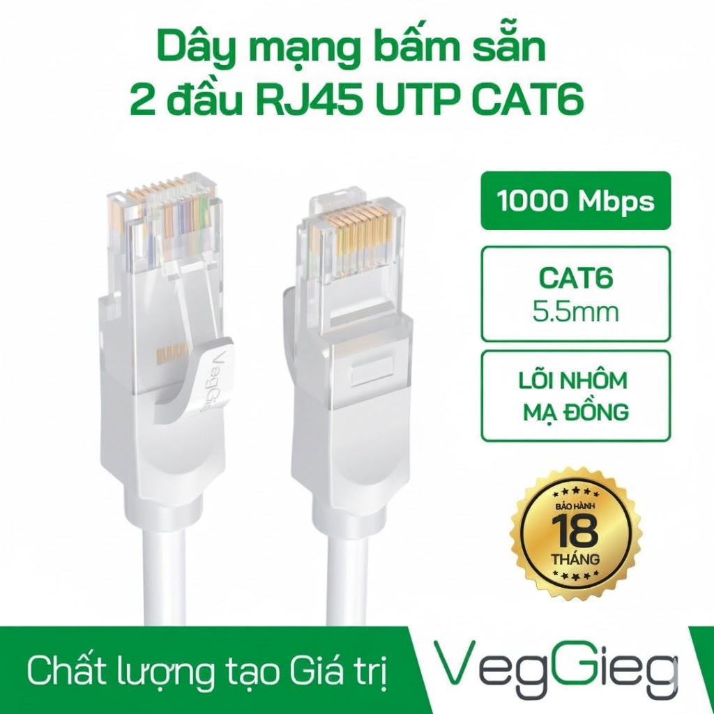 Dây cáp mạng đúc sãn Cat6 UTP dài 3m V-E627 Veggieg